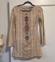Tan Beige Lace Bohemian Tribal Embroidered Lace Dress Size Small