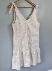 LOFT Bow Strap Button Front Linen Stripes Flounce Dress Ivory Multi-Color Medium