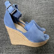 Marc Fisher Haya Sandals Blue Suede Espadrille Scallop Wedge Heel Women's Size 9