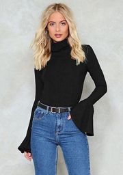 Nasty Gal Black Ribbed Flare to Dream Turtleneck Sweater 4 US NWT