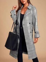 NWOT Lush Mid Town Houndstooth Plaid Trench Coat Jacket Black White Womens Small