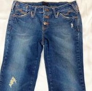 Button Fly Distressed Large Cuff Cropped Jeans