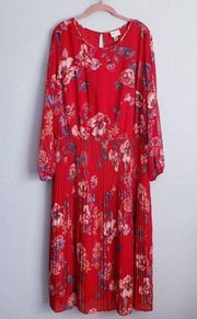 Ava & Viv Red Floral Pleated Long Sleeve Dress