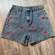 Cider Vintage Cherry Embroidered Super High Waisted Denim Shorts Size L