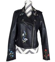 Sadie and Sage Floral Embroidered Faux Leather Black Moto Jacket M/L