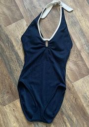 woven navy blue white trim tie one piece swimsuit size 8