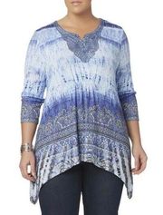 ENERGIE BLUE MULTICOLOR W/ LACE 3/4 SLEEVE SHARK BITE HEM EMBELLISHED TOP 1X