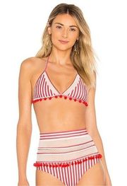 Tularosa Nina Bikini Top Red Striped Pom Pom Small NWT Triangle