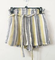 White Yellow & Gray Linen Striped Paperbag Shorts