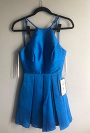 Bright Blue Cobalt Satin Halter Mini Dress