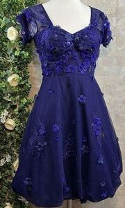 Rickie Freeman Teri Jon Beaded Floral Applique Lace Tulle Dress Navy Indigo Sz 2