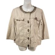 J. Jill Vintage Linen Blazer Jacket Women's Size M Tan Button Up 3/4 Sleeve