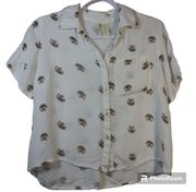 Japna Hedgehog Casual Novelty Button Up Short Sleeve Top Size Small