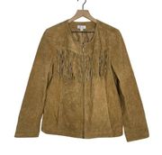 Denim & Co Suede Jacket Women's Size Large Chestnut Zip Front Fringe Western Tan