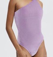 Fabletics Gigi Velour One Shoulder Bodysuit Bright Lilac Size Large 10 NWT