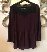 BLACK LABEL CHICO’S Eggplant Purple Pleated Blouse Top Black Lace & Mesh…