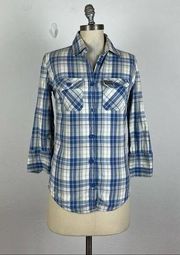 Super Dry Blue Plaid Snap Button Front Blouse XS