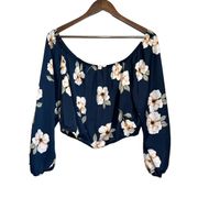 BB Dakota Gardenia Off Shoulder Top Women's L Cropped Navy Floral Festival Boho