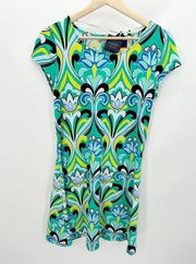 Kaari Blue Dress Women SMALL NWT Green Yellow Blue Jade Scroll Retro Print