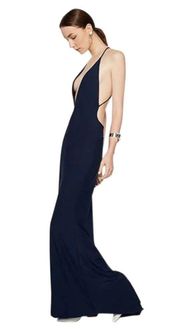 Fame & Partners Gown Plunge Neck Open Back Navy Blue Maxi Dress Size 4