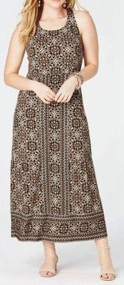 J Jill Dress Womens L Brown Floral Stretch Knit Maxi Midi Sleeveless Cross Back