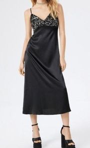 NWT House of Harlow 1960 Slip Dress XS Black Sequin V-Neck Shift Midi Satin Chic