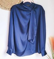 Eloquii, Navy Blue Kat Drop Shoulder Tie Neck Satin Blouse Top, Size 22