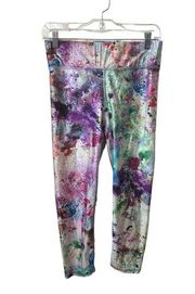 Terez Shiny Pastel Paint Splatter Print Wide Waistband Size Large Yoga Leggings.