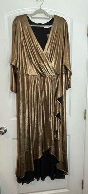 Eliza J Metallic Gold Surplice Neck Ruffled Belted Faux Wrap Maxi Dress 18W NWT