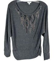 Cache Medium Top Gray Studded Knit Rhinestones Scoop Neck Stretch Women 1338