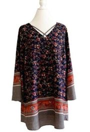 Love Richie Dress Tunic Navy Orange Mixed Floral Print Wide Sleeve Plus Size 1X