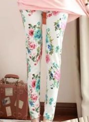 White Blue Pink Peony Floral Print Leggings