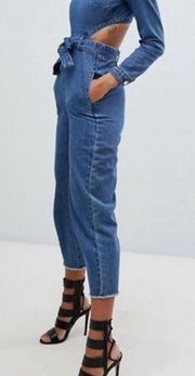 Missguided Denim Tie Waist Cutout Back Raw Hem Size 0 Jumpsuit.