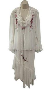 Vintage California Dynasty Peignoir Sheer Embroidered Nightgown Matching Robe L