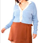 New Collar Fluffy rib cardigan Argyle soft blue champagne