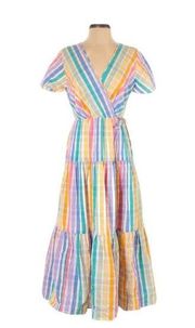 J.Crew  Rainbow Stripe Gingham Plaid Multicolor Wrap Dress Tiered Size 4