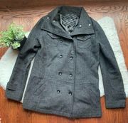 Grey Wool Blend Herringbone Oversized Double Breasted Coat Size Small EUC