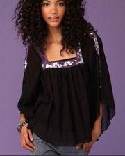 Free People Boho Sequin Peasant Blouse Black Purple Medium