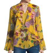 ruffle key hole chocker long sleeve floral blouse women’s Size XLarge