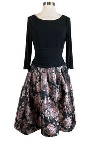 Women's Cocktail Dress Black and Pink Floral Midi Fit and Flare Size 10