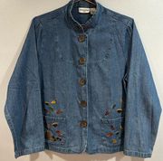 Vintage Embroidered Leaves Denim Top Long Sleeve Shirt Breckenridge Size Large L