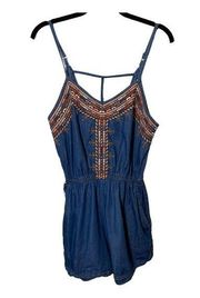 Angie Short Romper Denim Embroidered Spaghetti Straps Small Boho Western