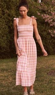 The Great Sz 2/M The Lagoon Smocked Gingham Linen and Botton Midi Dress Pink