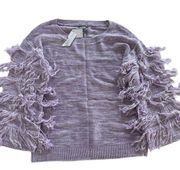 Soho Sweater Women Medium Purple White Stripe Shaggy Fringe Sleeve Pullover Knit