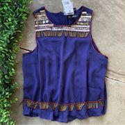 Sam Edelman Metallic Beaded Sequined Sleeveless Top Blue Gold Size M