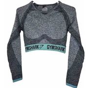 Gymshark  Flex Sport Long Sleeve Crop Top Gray Teal Workout Spellout Logo Small