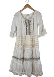 Womens Large Boho Hippie Festival Lined Tassel Eyelet Lace Sun Dress Ivory