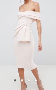 DESIGN Bardot Fold Wrap Front Midi Pencil Dress