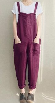 Dark Red Linen Loose Overall Jumpsuit w/ Pockets