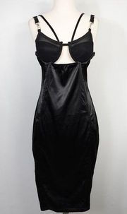 Maniere De Voir Black Satin Mesh Bustier Cutout Slip Midi Dress